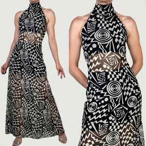 Cache geometric mesh maxi dress sheer Tadashi vintage 90s prom formal cocktail S